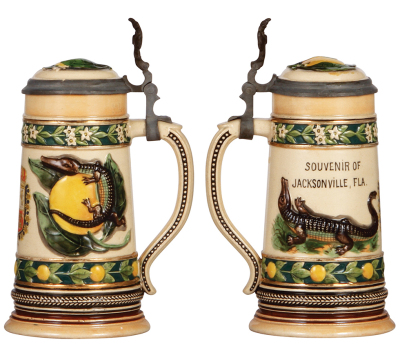 Two pottery steins, .5L, transfer & relief, Souvenir of Jacksonville, FLA., inlaid lid, small flake on band; with, 4.2" ht., relief, Souvenir of Florida, very good condition. - 2