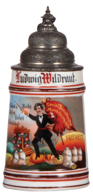 Porcelain stein, .5L, transfer & hand-painted, Social Demokratie Menschenrechte, lithophane, pewter lid, mint.