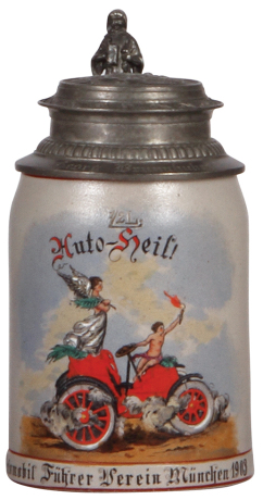 Stoneware stein, .5L, transfer & hand-painted, Auto Heil!, Automobil Führer Verein München 1903, pewter lid: München, pewter strap repaired, body mint.