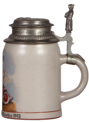 Stoneware stein, .5L, transfer & hand-painted, Auto Heil!, Automobil Führer Verein München 1903, pewter lid: München, pewter strap repaired, body mint. - 2