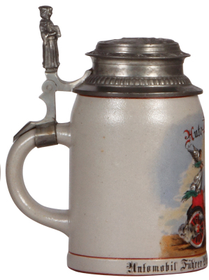 Stoneware stein, .5L, transfer & hand-painted, Auto Heil!, Automobil Führer Verein München 1903, pewter lid: München, pewter strap repaired, body mint. - 3