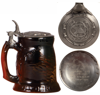 Rookwood pottery stein, .5L, marked RP 783, date 1894, artist Constance A. Bake, Commercial Club of Cincinnati, pewter lid: inscription Commercial Club of Cincinnati W.W. Taylor President 1894, mint. - 2