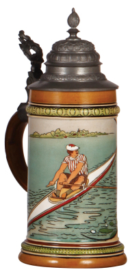 Pottery stein, .5L, etched, marked H.R., 1003, by Hauber & Reuther, rowing a scull, pewter lid, mint.