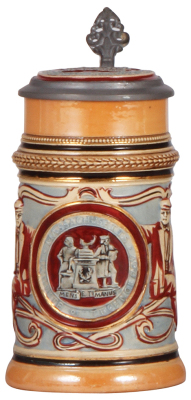 Pottery stein, .5L, relief, Massachusetts Institute of Technology, inlaid lid: matches front of stein, very good condition.