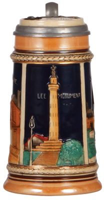 Pottery stein, .5L, relief, marked L. W. L. & C., Old Creole Home, Lee Monument, St. Louis Cathedral [New Orleans], inlaid lid: Native Products, very good condition.