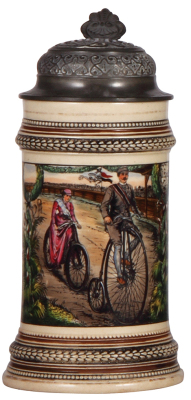 Pottery stein, .5L, transfer & enameled, man on high-wheel bicycle, woman on safety bike, relief pewter lid: All Heil!, worn gold base band, otherwise mint.