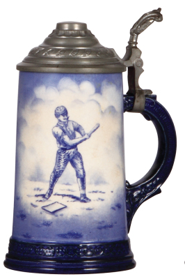 Pottery stein, .5L, marked 6779, transfer decoration, Baseball Player [batter], early 1900s, pewter lid, rare, very good condition.