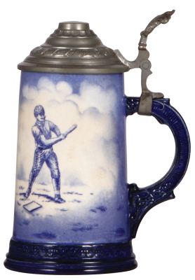 Pottery stein, .5L, marked 6779, transfer decoration, Baseball Player [batter], early 1900s, pewter lid, rare, very good condition. - 2