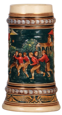 Pottery stein, .5L, marked 2088, relief, American Football game, rare, no lid, tight 1" base hairline.