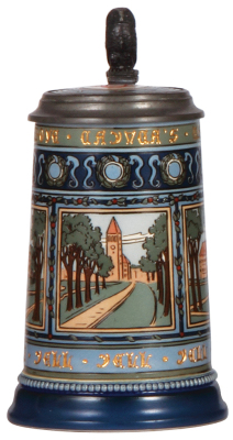 Mettlach stein, .5L, 2872, etched, Cornell University, inlaid lid, mint.