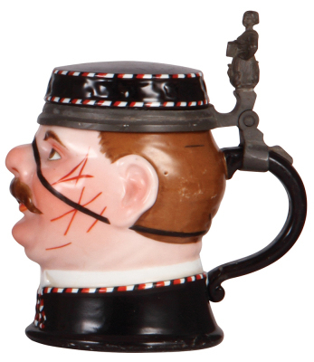 Character stein, .5L, porcelain, unmarked, Fraternity Student, Hofbräuhaus lithophane, inlaid lid, faint hairline on side, wear. - 2