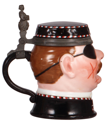 Character stein, .5L, porcelain, unmarked, Fraternity Student, Hofbräuhaus lithophane, inlaid lid, faint hairline on side, wear. - 3