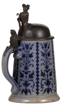 Character stein, .5L, stoneware, Bustle Lady, blue saltglaze, 2'' hairline.