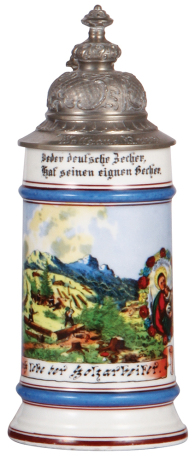 Porcelain stein, .5L, transfer & hand-painted, Occupational Holzarbeiter [Lumberman], pewter lid, mint.