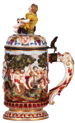 Porcelain stein, .5L, 9.7" ht., hand-painted relief, marked N with crown, Capo-di-Monte, porcelain lid, mint.