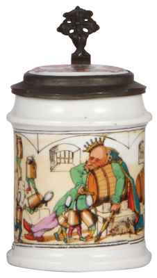 Porcelain stein, .5L, transfer & hand-painted, unmarked by Amberg, Gambrinus & walking beer steins, inlaid lid, mint.            