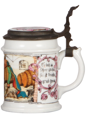 Porcelain stein, .5L, transfer & hand-painted, unmarked by Amberg, Gambrinus & walking beer steins, inlaid lid, mint.             - 2