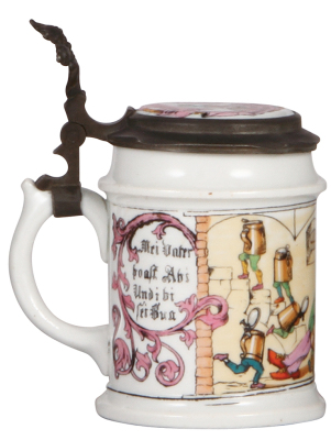 Porcelain stein, .5L, transfer & hand-painted, unmarked by Amberg, Gambrinus & walking beer steins, inlaid lid, mint.             - 3