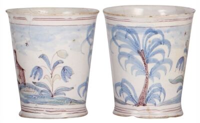 Two Faience items,  beaker, 4.3'' ht., late 1700s, three tight hairlines, poor repair of rim chip; with, Faience inkwell, 3.2'' ht., c.1800, with two original inserts, small flakes. - 4