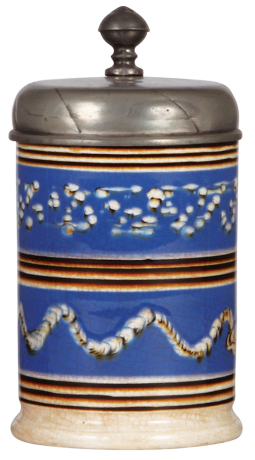 Stafforshire Mochaware tankard, 1.0L, 8.2" ht., 1800s, pewter lid, good condition.