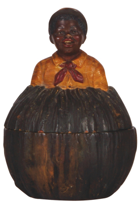 Tobacco jar, 7.1" ht., Black Americana, Young Man, marked 3457 JM, Maresch, excellent repair at neck, otherwise good condition.