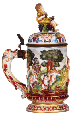 Porcelain stein, .5L, 9.7" ht., hand-painted relief, marked N with crown, Capo-di-Monte, porcelain lid, mint. - 3