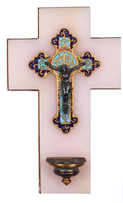 Enameled crucifix, 5.4" x 8.9", mounted on pink onyx, French, c.1880, good condition.