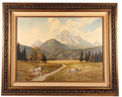 Painting by Fritz Meyer, 32.0'' x 24.5'', frame 42.0''x 34.0'', oil on canvas, signed lower right Fritz Meyer, Fritz Meyer was born in 1904. His precise and detailed work was an excellent discipline that he employed this technique in the Bavarian mountain