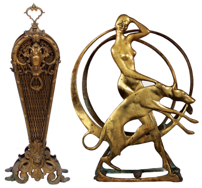 Brass fireplace screen and holder, screen, open 46.0" x 30.7", closed 11.5" x 30.7", two sections loose, dents; with, holder, 16.0" x 12.0",  Art Nouveau woman with greyhound, casting break behind woman's head, age for both unknown.