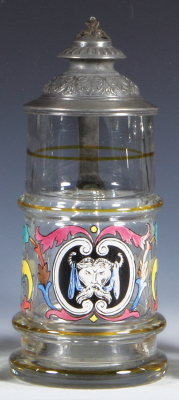 Glass stein, .5L, blown, hand-painted, pewter lid, mint.