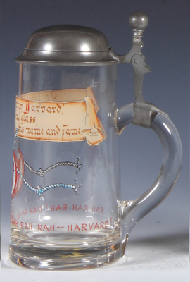 Glass stein, .5L, blown, clear, transfer & hand-painted, Rah Rah Harvard, pewter lid, mint. - 2