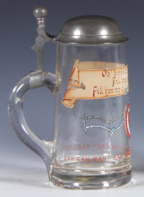 Glass stein, .5L, blown, clear, transfer & hand-painted, Rah Rah Harvard, pewter lid, mint. - 3