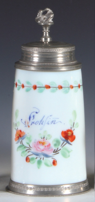 Glass stein, .5L, blown, milk glass, mid 1800s, hand-painted, Frohsinn, pewter lid & base ring, mint.