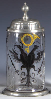 Glass stein, .5L, blown, double-headed eagle, Post Horn, pewter lid, engraved with initials & 1790, crack in rear.