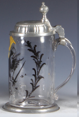 Glass stein, .5L, blown, double-headed eagle, Post Horn, pewter lid, engraved with initials & 1790, crack in rear. - 2