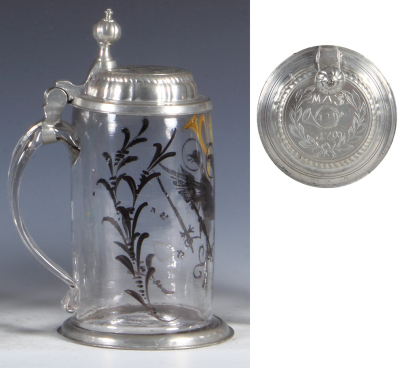 Glass stein, .5L, blown, double-headed eagle, Post Horn, pewter lid, engraved with initials & 1790, crack in rear. - 3