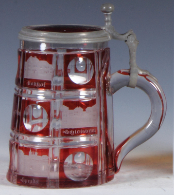 Glass stein, .5L, blown, clear, mid 1800s, red flashed, spa, scenes from Quasdorf, matching glass inlaid lid, two flakes on edge of inlay. - 2