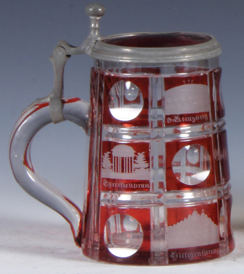 Glass stein, .5L, blown, clear, mid 1800s, red flashed, spa, scenes from Quasdorf, matching glass inlaid lid, two flakes on edge of inlay. - 3