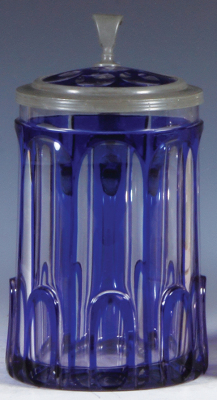 Glass stein, .5L, blown, blue on clear overlay, cut, matching glass inlaid lid, mint.