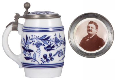 Porcelain stein, .5L, hand-painted, Ed. Maurer, porcelain inlaid lid: photograph of Ed. Maurer on underside, lithophane, mint. - 3