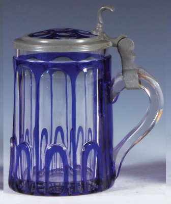 Glass stein, .5L, blown, blue on clear overlay, cut, matching glass inlaid lid, mint. - 2
