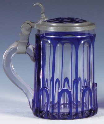 Glass stein, .5L, blown, blue on clear overlay, cut, matching glass inlaid lid, mint. - 3