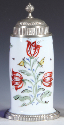 Glass stein, 1.0L, blown, milk glass, hand-painted, flowers pewter lid & foot ring, two small rim flakes, otherwise mint.
