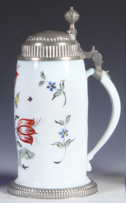 Glass stein, 1.0L, blown, milk glass, hand-painted, flowers pewter lid & foot ring, two small rim flakes, otherwise mint. - 2