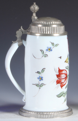 Glass stein, 1.0L, blown, milk glass, hand-painted, flowers pewter lid & foot ring, two small rim flakes, otherwise mint. - 3