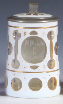 Glass stein, .5L, blown, white on clear overlay, engraved: 4F, M. Plegbe, Sängerbund, matching glass inlaid lid, some gold wear, otherwise mint. 