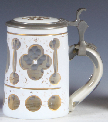 Glass stein, .5L, blown, white on clear overlay, engraved: 4F, M. Plegbe, Sängerbund, matching glass inlaid lid, some gold wear, otherwise mint.  - 2