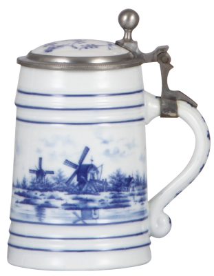 Porcelain stein, .5L, hand-painted, Delft, porcelain inlaid lid, lines in lithophane, pewter, good repair of cut in pewter.