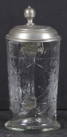 Glass stein, .75L, blown, wheel-engraved, pewter lid dated 1796, minor dents & tear on lid, small top rim flake.