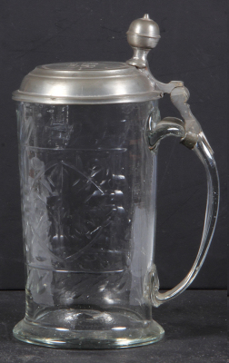 Glass stein, .75L, blown, wheel-engraved, pewter lid dated 1796, minor dents & tear on lid, small top rim flake. - 2